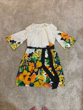 Shoshanna White Midi Dress with Yellow & Green Floral Print and Black Belt silk